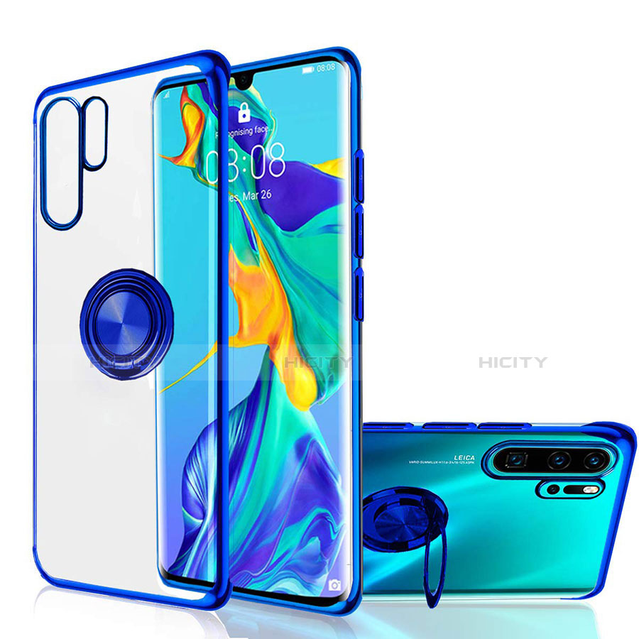 Silikon Hülle Handyhülle Ultradünn Schutzhülle Tasche Durchsichtig Transparent mit Magnetisch Fingerring Ständer C04 für Huawei P30 Pro New Edition Blau