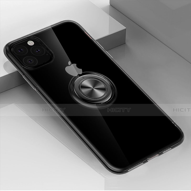 Silikon Hülle Handyhülle Ultradünn Schutzhülle Tasche Durchsichtig Transparent mit Magnetisch Fingerring Ständer F01 für Apple iPhone 11 Pro Schwarz