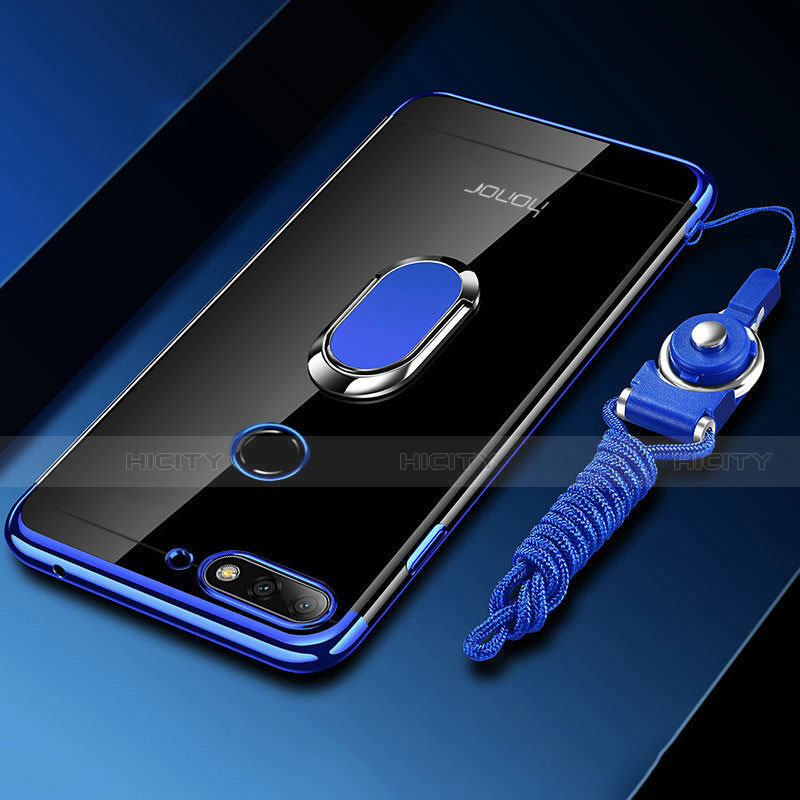 Silikon Hülle Handyhülle Ultradünn Schutzhülle Tasche Durchsichtig Transparent mit Magnetisch Fingerring Ständer S01 für Huawei Enjoy 8e Blau