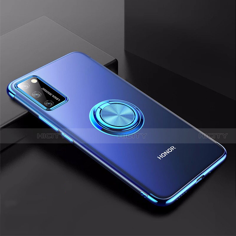 Silikon Hülle Handyhülle Ultradünn Schutzhülle Tasche Durchsichtig Transparent mit Magnetisch Fingerring Ständer S01 für Huawei Honor V30 Pro 5G Blau