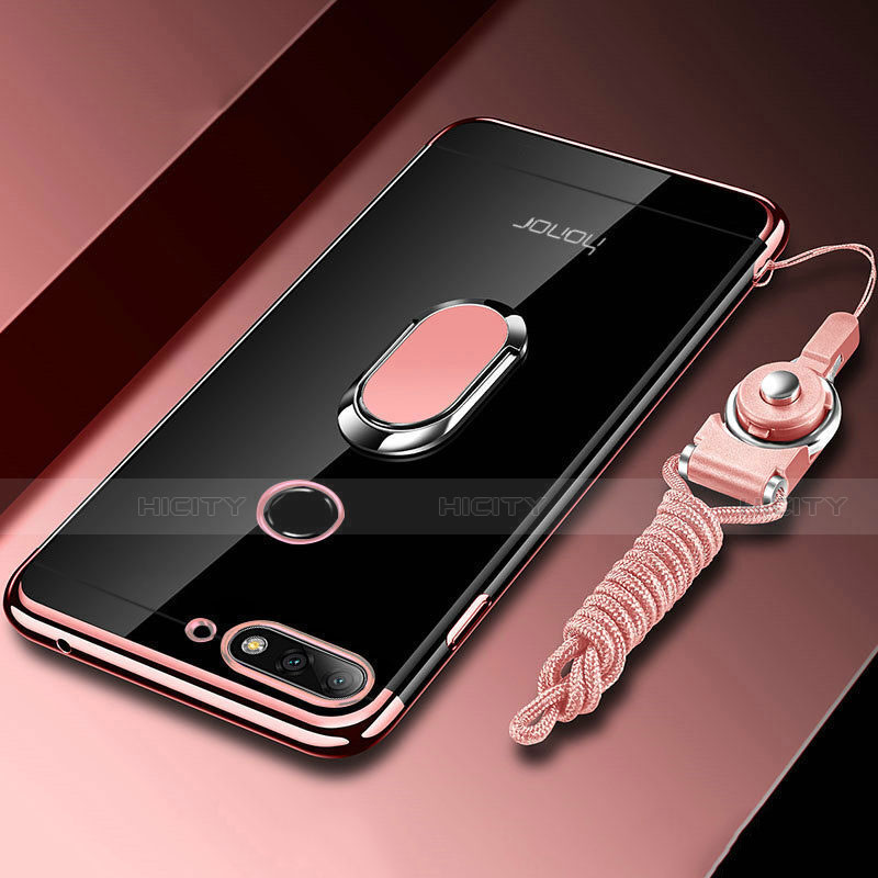 Silikon Hülle Handyhülle Ultradünn Schutzhülle Tasche Durchsichtig Transparent mit Magnetisch Fingerring Ständer S01 für Huawei Y6 (2018) Rosegold Plus