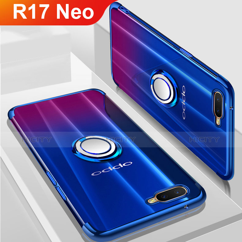 Silikon Hülle Handyhülle Ultradünn Schutzhülle Tasche Durchsichtig Transparent mit Magnetisch Fingerring Ständer S01 für Oppo R17 Neo Blau