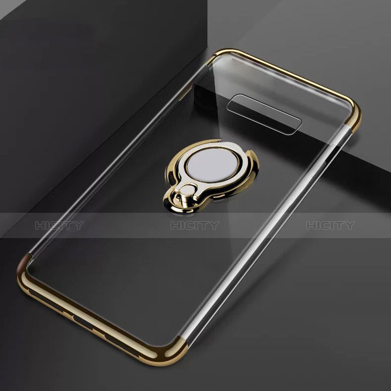 Silikon Hülle Handyhülle Ultradünn Schutzhülle Tasche Durchsichtig Transparent mit Magnetisch Fingerring Ständer S01 für Samsung Galaxy S10 Plus Gold