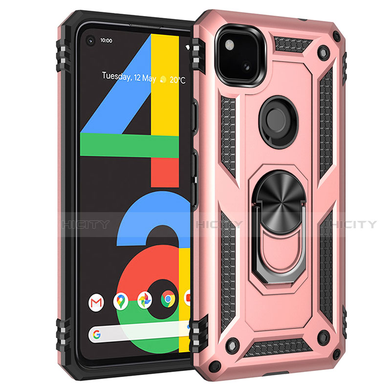 Silikon Hülle Handyhülle und Kunststoff Schutzhülle Hartschalen Tasche mit Magnetisch Fingerring Ständer für Google Pixel 4a Rosegold