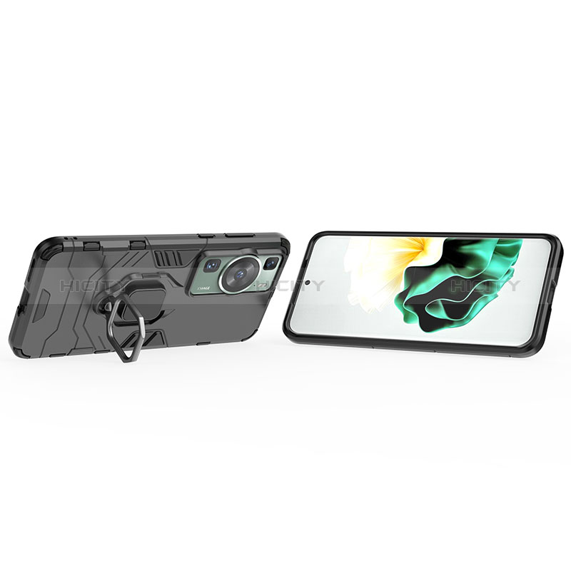 Silikon Hülle Handyhülle und Kunststoff Schutzhülle Hartschalen Tasche mit Magnetisch Fingerring Ständer für Huawei P60 Pro