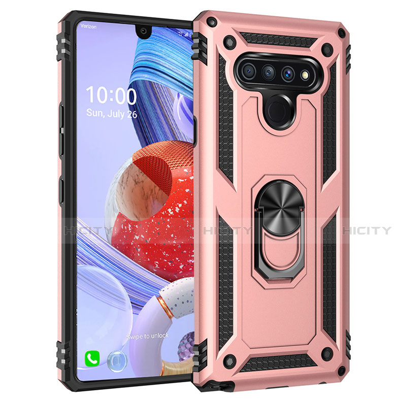 Silikon Hülle Handyhülle und Kunststoff Schutzhülle Hartschalen Tasche mit Magnetisch Fingerring Ständer für LG Stylo 6 Rosegold