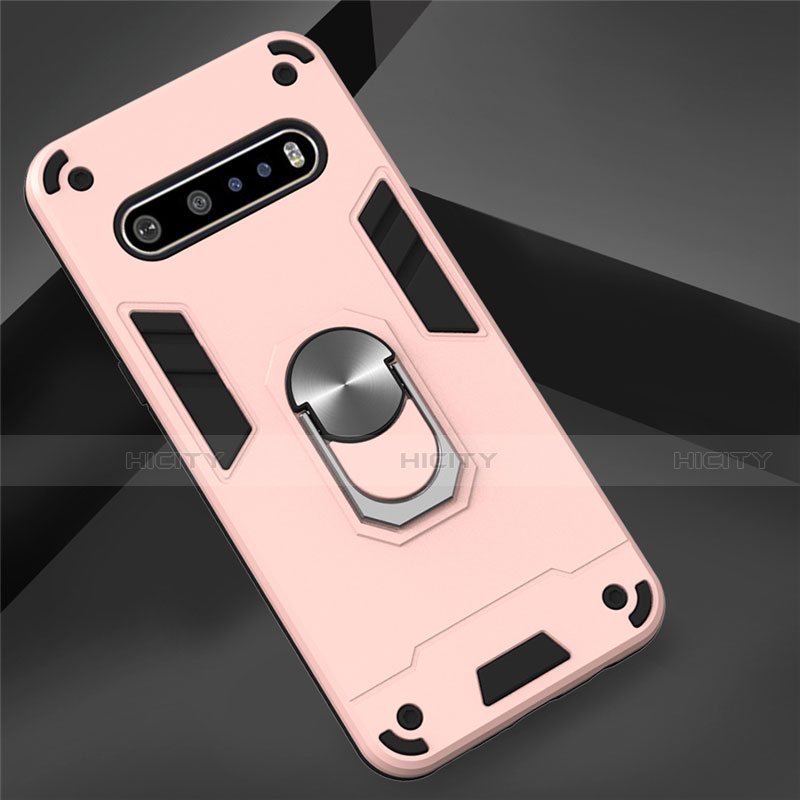 Silikon Hülle Handyhülle und Kunststoff Schutzhülle Hartschalen Tasche mit Magnetisch Fingerring Ständer für LG V60 ThinQ 5G Rosegold