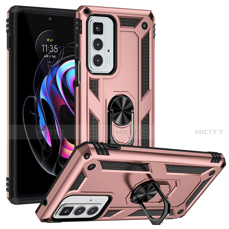 Silikon Hülle Handyhülle und Kunststoff Schutzhülle Hartschalen Tasche mit Magnetisch Fingerring Ständer für Motorola Moto Edge 20 Pro 5G Rosegold