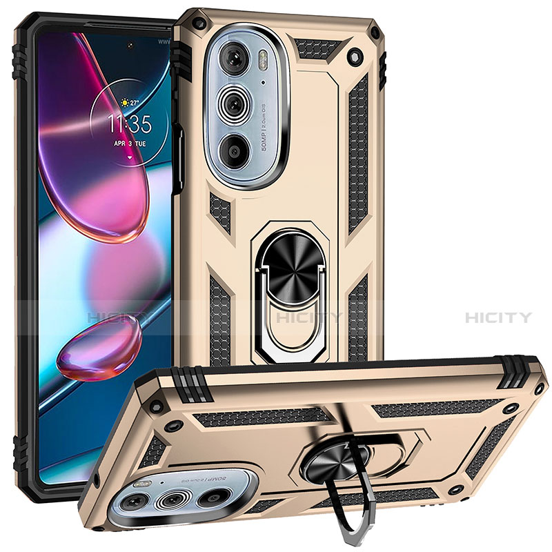 Silikon Hülle Handyhülle und Kunststoff Schutzhülle Hartschalen Tasche mit Magnetisch Fingerring Ständer für Motorola Moto Edge 30 Pro 5G Gold Plus