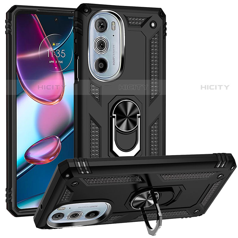 Silikon Hülle Handyhülle und Kunststoff Schutzhülle Hartschalen Tasche mit Magnetisch Fingerring Ständer für Motorola Moto Edge Plus (2022) 5G Schwarz