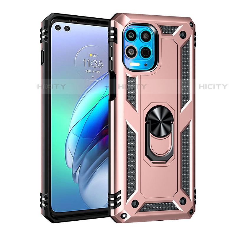 Silikon Hülle Handyhülle und Kunststoff Schutzhülle Hartschalen Tasche mit Magnetisch Fingerring Ständer für Motorola Moto Edge S 5G Rosegold