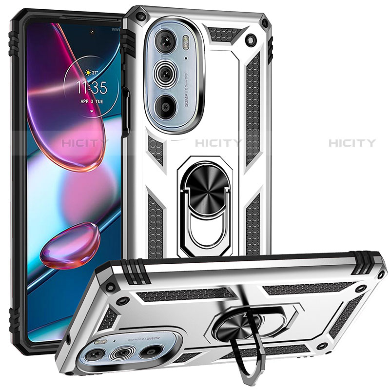 Silikon Hülle Handyhülle und Kunststoff Schutzhülle Hartschalen Tasche mit Magnetisch Fingerring Ständer für Motorola Moto Edge X30 5G Silber Plus