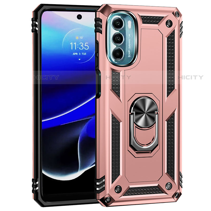 Silikon Hülle Handyhülle und Kunststoff Schutzhülle Hartschalen Tasche mit Magnetisch Fingerring Ständer für Motorola Moto G 5G (2022) Rosegold