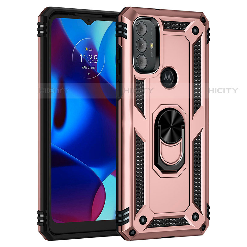 Silikon Hülle Handyhülle und Kunststoff Schutzhülle Hartschalen Tasche mit Magnetisch Fingerring Ständer für Motorola Moto G Play Gen 2 Rosegold