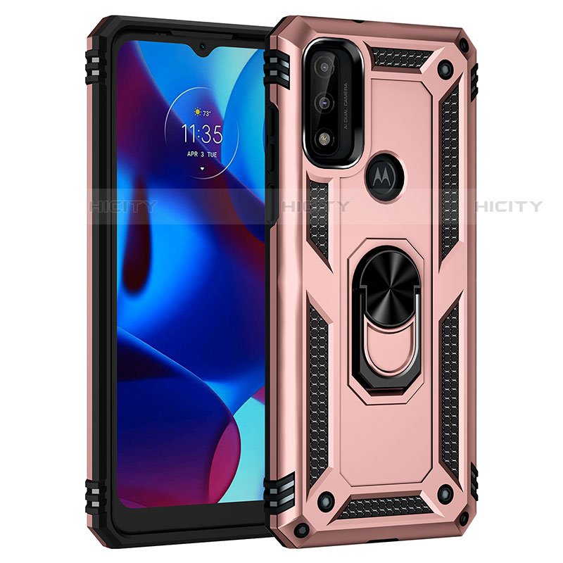 Silikon Hülle Handyhülle und Kunststoff Schutzhülle Hartschalen Tasche mit Magnetisch Fingerring Ständer für Motorola Moto G Pure Rosegold Plus