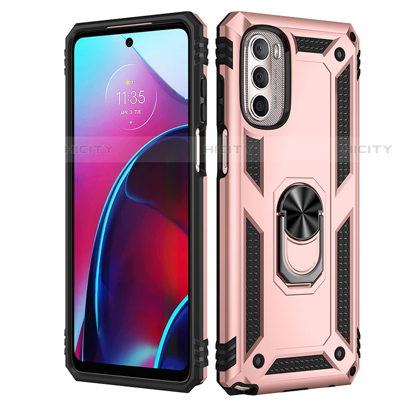 Silikon Hülle Handyhülle und Kunststoff Schutzhülle Hartschalen Tasche mit Magnetisch Fingerring Ständer für Motorola Moto G Stylus (2022) 5G Rosegold