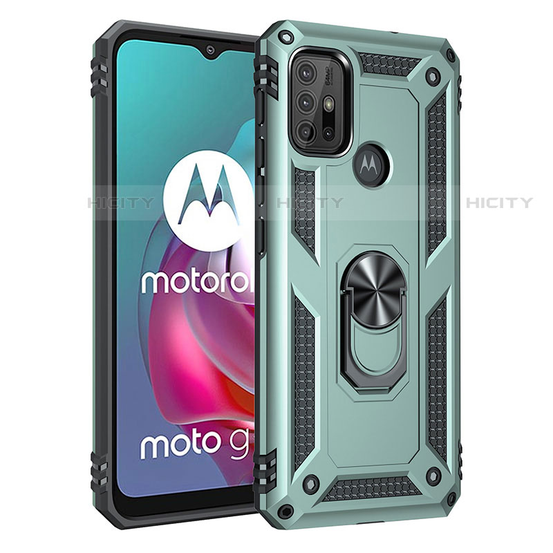 Silikon Hülle Handyhülle und Kunststoff Schutzhülle Hartschalen Tasche mit Magnetisch Fingerring Ständer für Motorola Moto G10 Grün