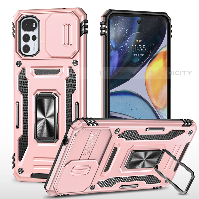 Silikon Hülle Handyhülle und Kunststoff Schutzhülle Hartschalen Tasche mit Magnetisch Fingerring Ständer für Motorola Moto G22 Rosegold Plus