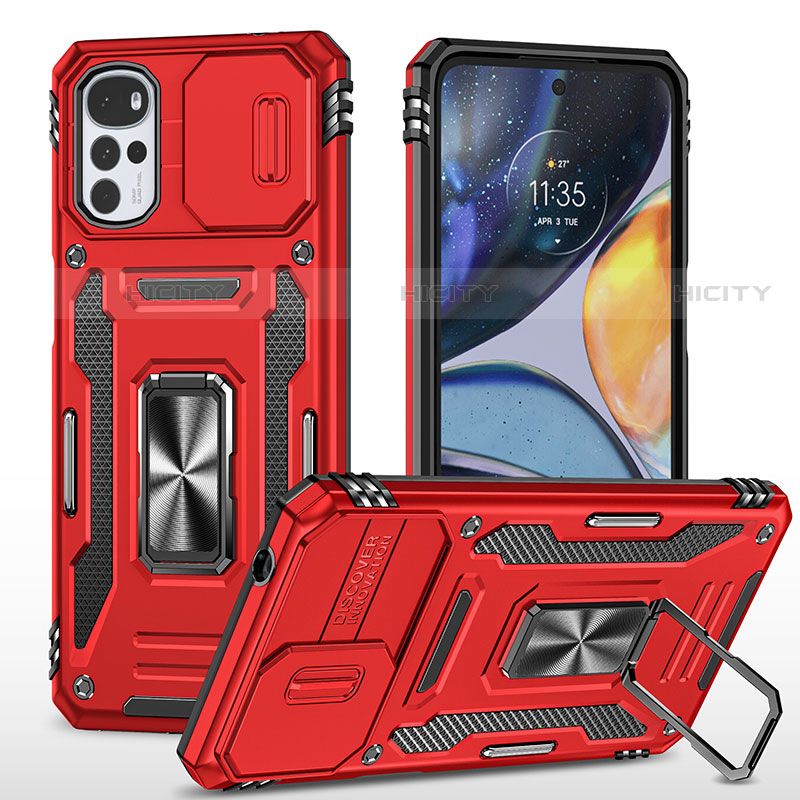 Silikon Hülle Handyhülle und Kunststoff Schutzhülle Hartschalen Tasche mit Magnetisch Fingerring Ständer für Motorola Moto G22 Rot