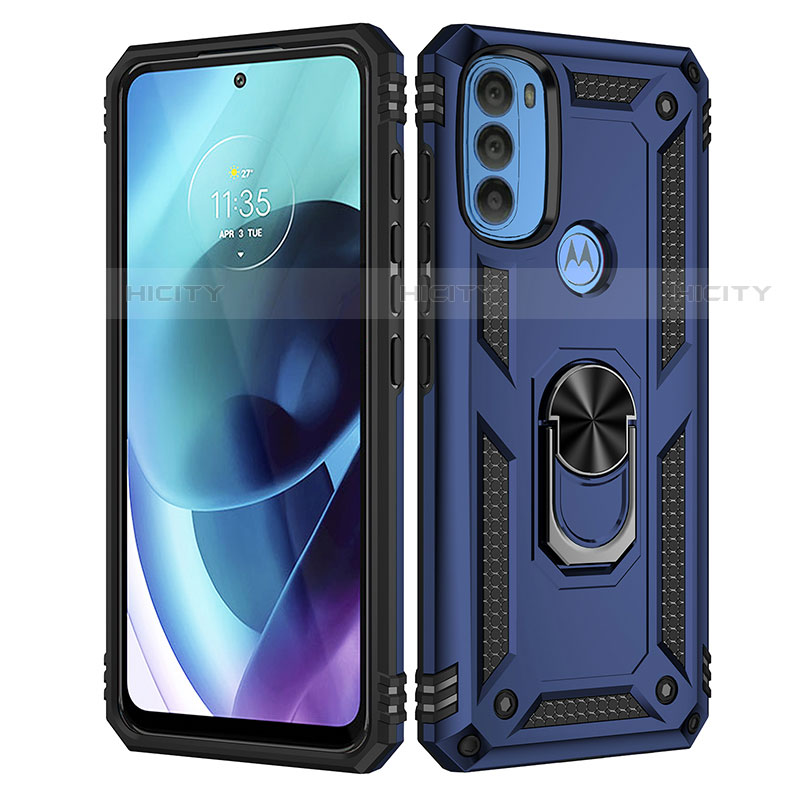 Silikon Hülle Handyhülle und Kunststoff Schutzhülle Hartschalen Tasche mit Magnetisch Fingerring Ständer für Motorola Moto G71 5G Blau