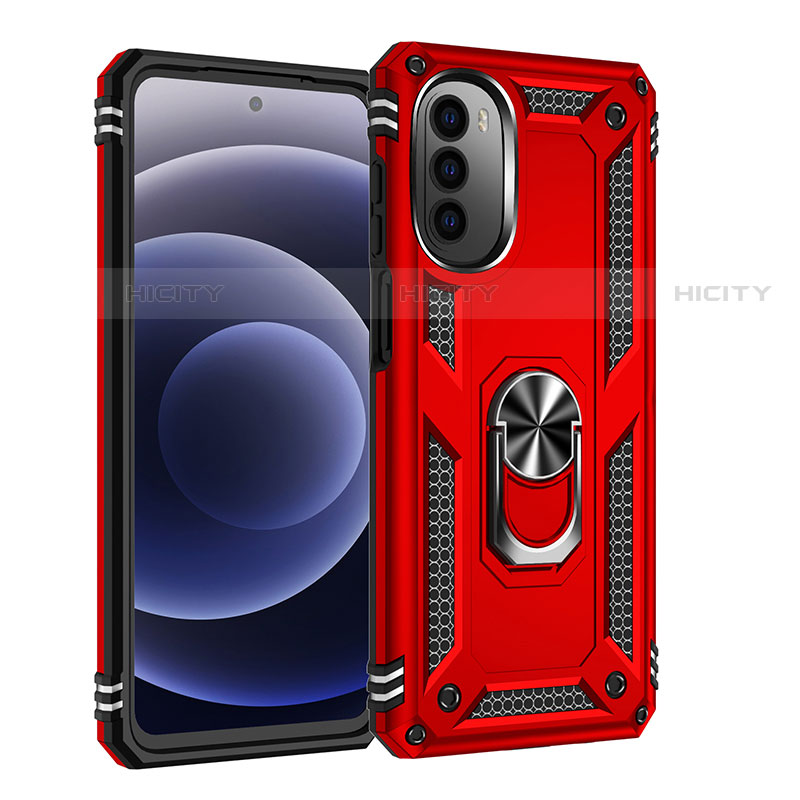 Silikon Hülle Handyhülle und Kunststoff Schutzhülle Hartschalen Tasche mit Magnetisch Fingerring Ständer für Motorola Moto G71s 5G Rot