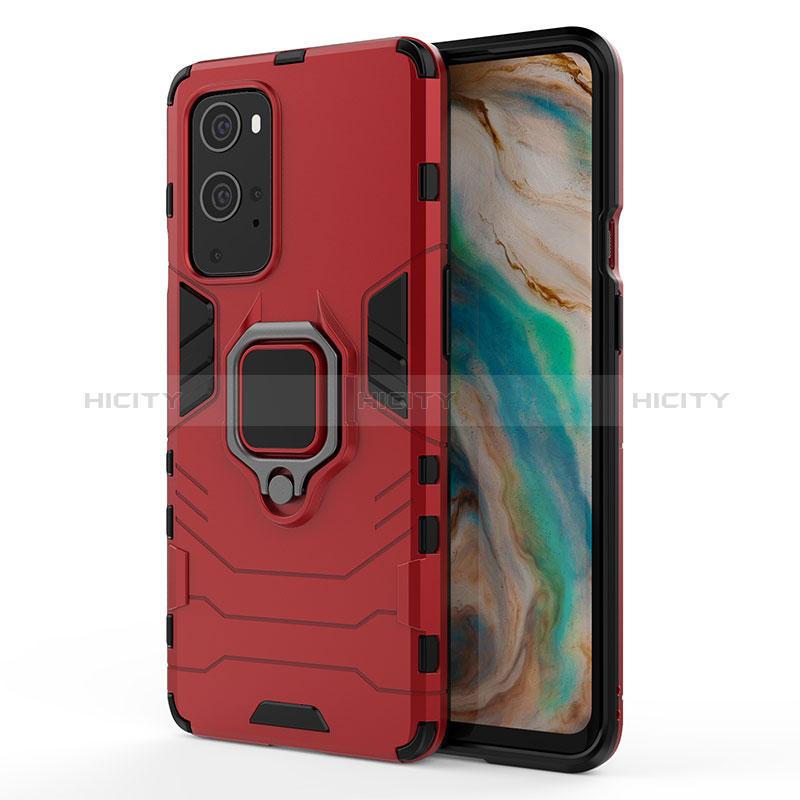 Silikon Hülle Handyhülle und Kunststoff Schutzhülle Hartschalen Tasche mit Magnetisch Fingerring Ständer für OnePlus 9 Pro 5G Rot Plus