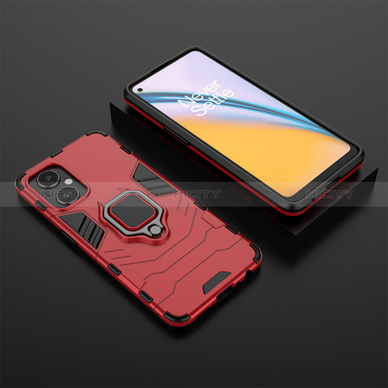 Silikon Hülle Handyhülle und Kunststoff Schutzhülle Hartschalen Tasche mit Magnetisch Fingerring Ständer für Oppo A96 5G Rot Plus