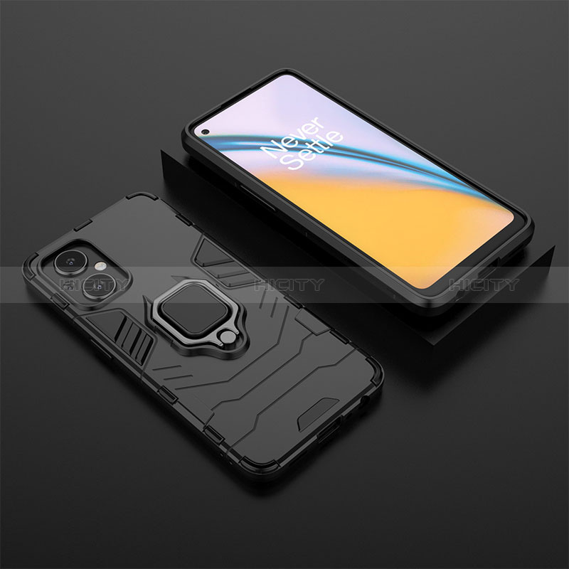 Silikon Hülle Handyhülle und Kunststoff Schutzhülle Hartschalen Tasche mit Magnetisch Fingerring Ständer für Oppo A96 5G Schwarz