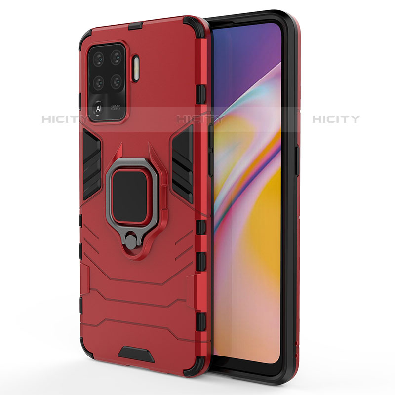 Silikon Hülle Handyhülle und Kunststoff Schutzhülle Hartschalen Tasche mit Magnetisch Fingerring Ständer für Oppo F19 Pro Rot