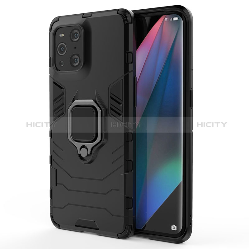 Silikon Hülle Handyhülle und Kunststoff Schutzhülle Hartschalen Tasche mit Magnetisch Fingerring Ständer für Oppo Find X3 5G Schwarz Plus