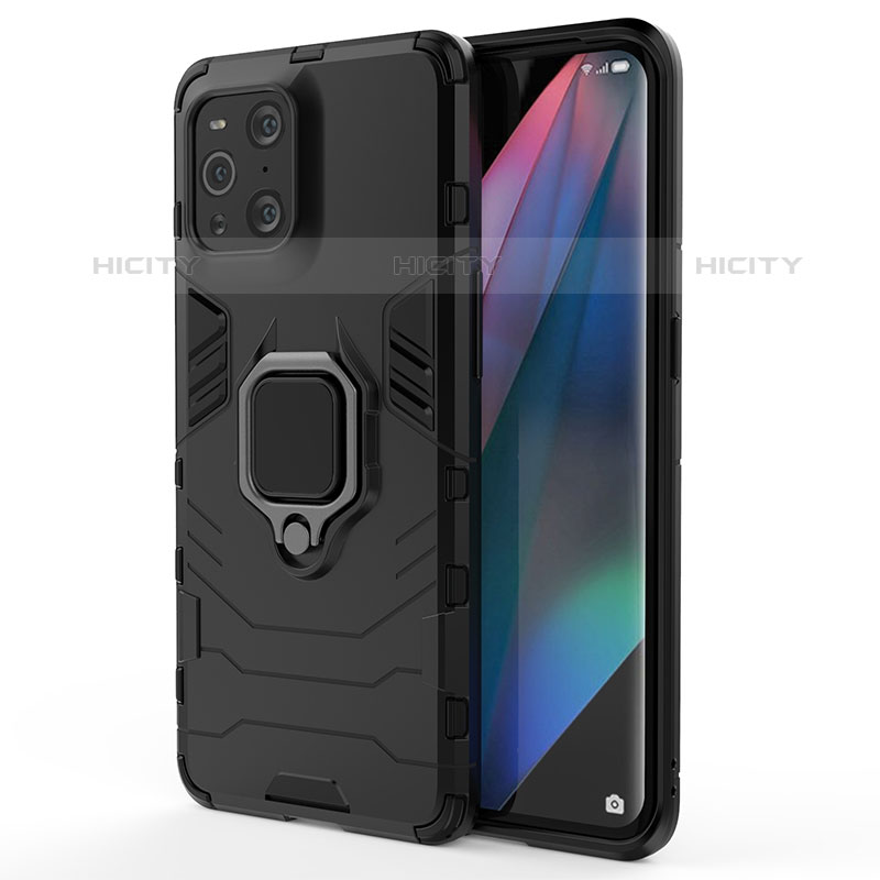 Silikon Hülle Handyhülle und Kunststoff Schutzhülle Hartschalen Tasche mit Magnetisch Fingerring Ständer für Oppo Find X3 Pro 5G Schwarz