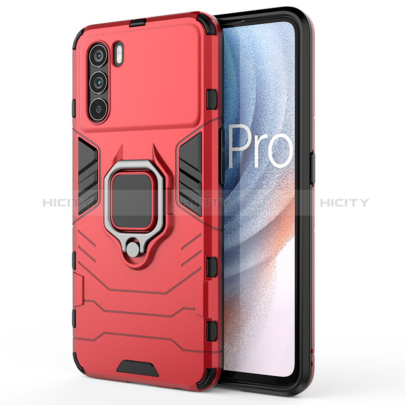 Silikon Hülle Handyhülle und Kunststoff Schutzhülle Hartschalen Tasche mit Magnetisch Fingerring Ständer für Oppo K9 Pro 5G Rot