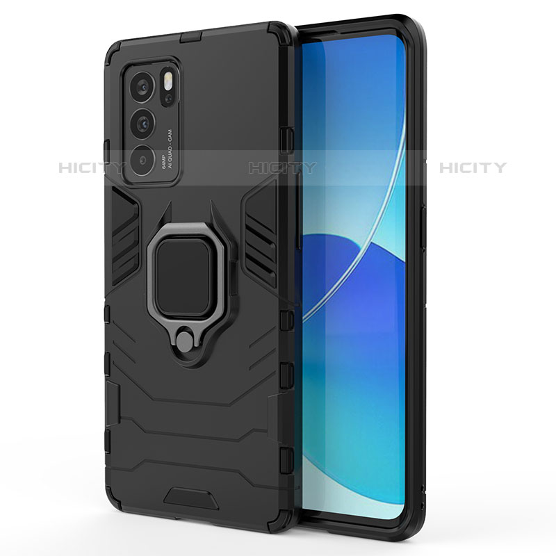 Silikon Hülle Handyhülle und Kunststoff Schutzhülle Hartschalen Tasche mit Magnetisch Fingerring Ständer für Oppo Reno6 Pro 5G India Schwarz