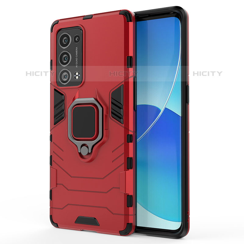 Silikon Hülle Handyhülle und Kunststoff Schutzhülle Hartschalen Tasche mit Magnetisch Fingerring Ständer für Oppo Reno6 Pro 5G Rot