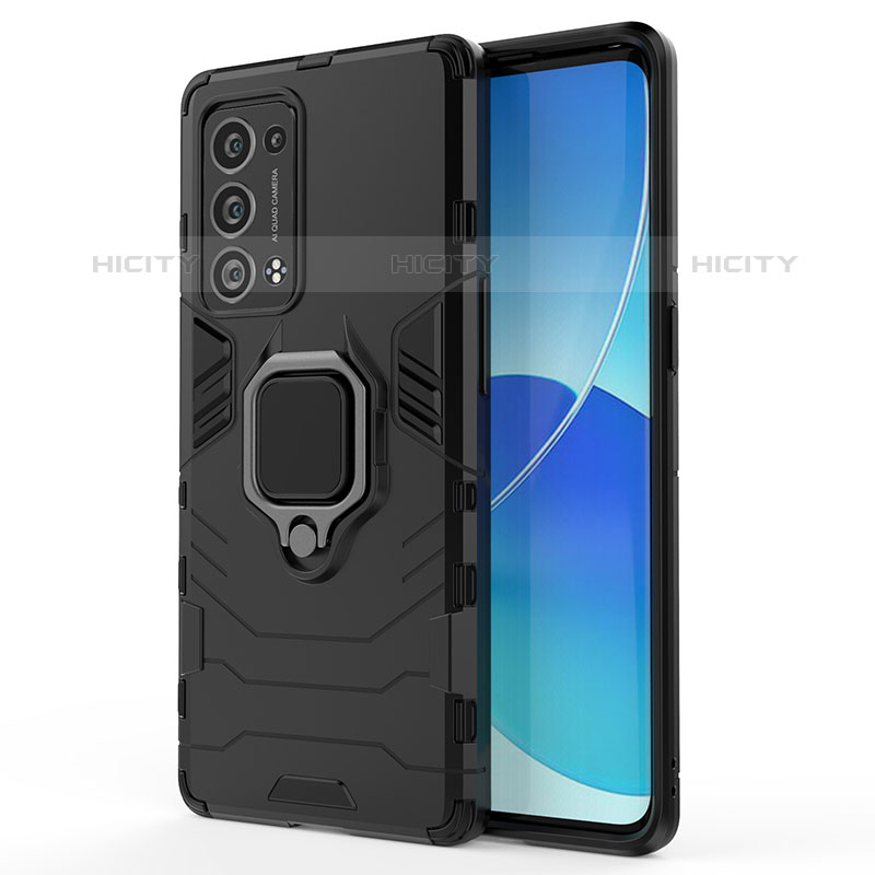 Silikon Hülle Handyhülle und Kunststoff Schutzhülle Hartschalen Tasche mit Magnetisch Fingerring Ständer für Oppo Reno6 Pro+ Plus 5G Schwarz Plus