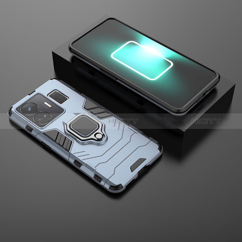 Silikon Hülle Handyhülle und Kunststoff Schutzhülle Hartschalen Tasche mit Magnetisch Fingerring Ständer für Realme GT Neo6 5G Blau
