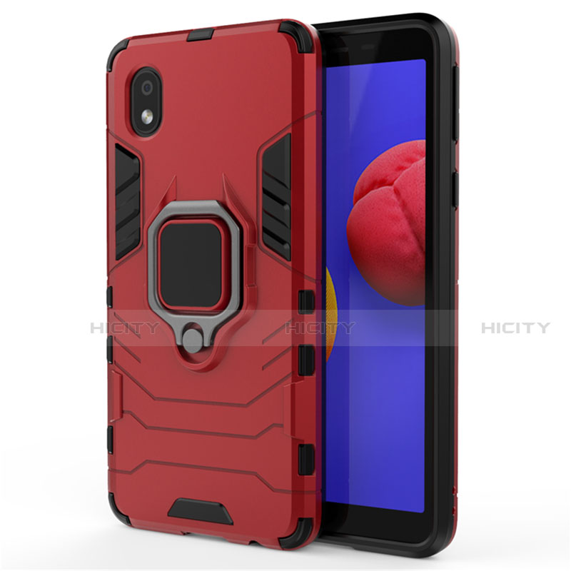 Silikon Hülle Handyhülle und Kunststoff Schutzhülle Hartschalen Tasche mit Magnetisch Fingerring Ständer für Samsung Galaxy A01 Core Rot