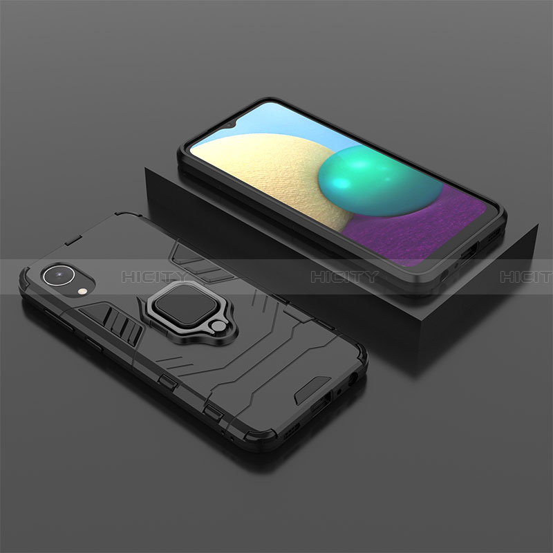 Silikon Hülle Handyhülle und Kunststoff Schutzhülle Hartschalen Tasche mit Magnetisch Fingerring Ständer für Samsung Galaxy A03 Core Schwarz