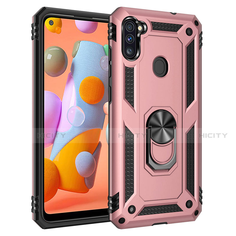 Silikon Hülle Handyhülle und Kunststoff Schutzhülle Hartschalen Tasche mit Magnetisch Fingerring Ständer für Samsung Galaxy A11 Rosegold