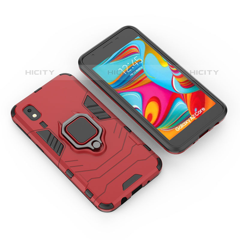 Silikon Hülle Handyhülle und Kunststoff Schutzhülle Hartschalen Tasche mit Magnetisch Fingerring Ständer für Samsung Galaxy A2 Core A260F A260G Rot