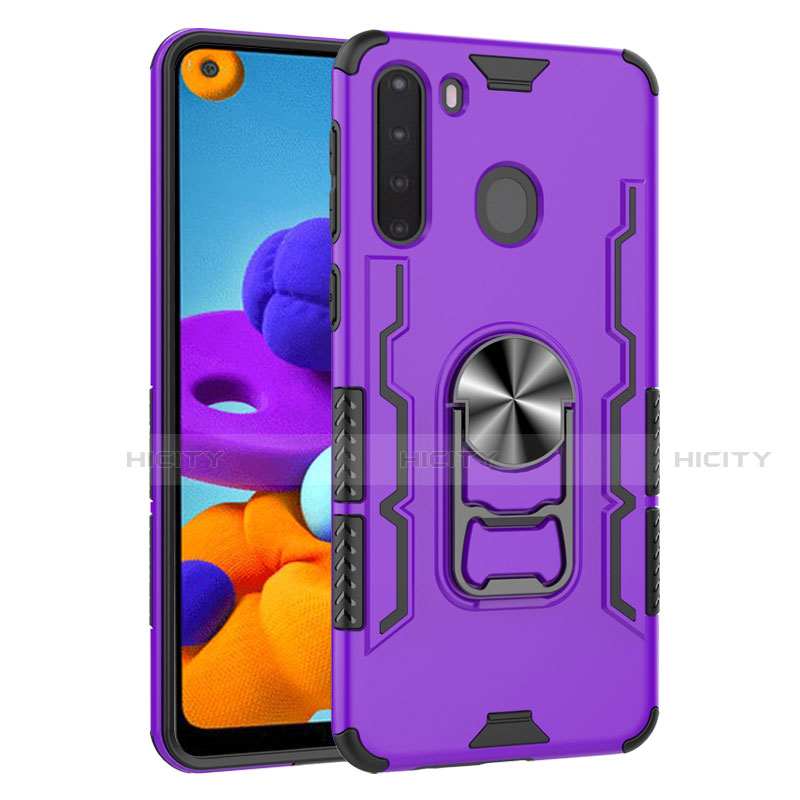 Silikon Hülle Handyhülle und Kunststoff Schutzhülle Hartschalen Tasche mit Magnetisch Fingerring Ständer für Samsung Galaxy A21 Violett