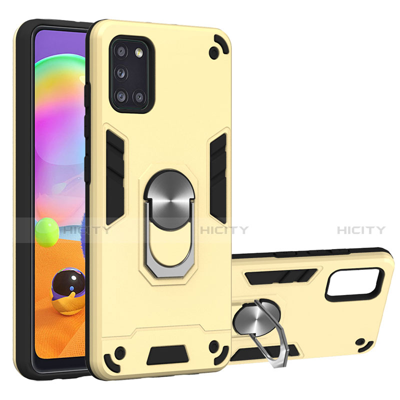 Silikon Hülle Handyhülle und Kunststoff Schutzhülle Hartschalen Tasche mit Magnetisch Fingerring Ständer für Samsung Galaxy A31 Gold