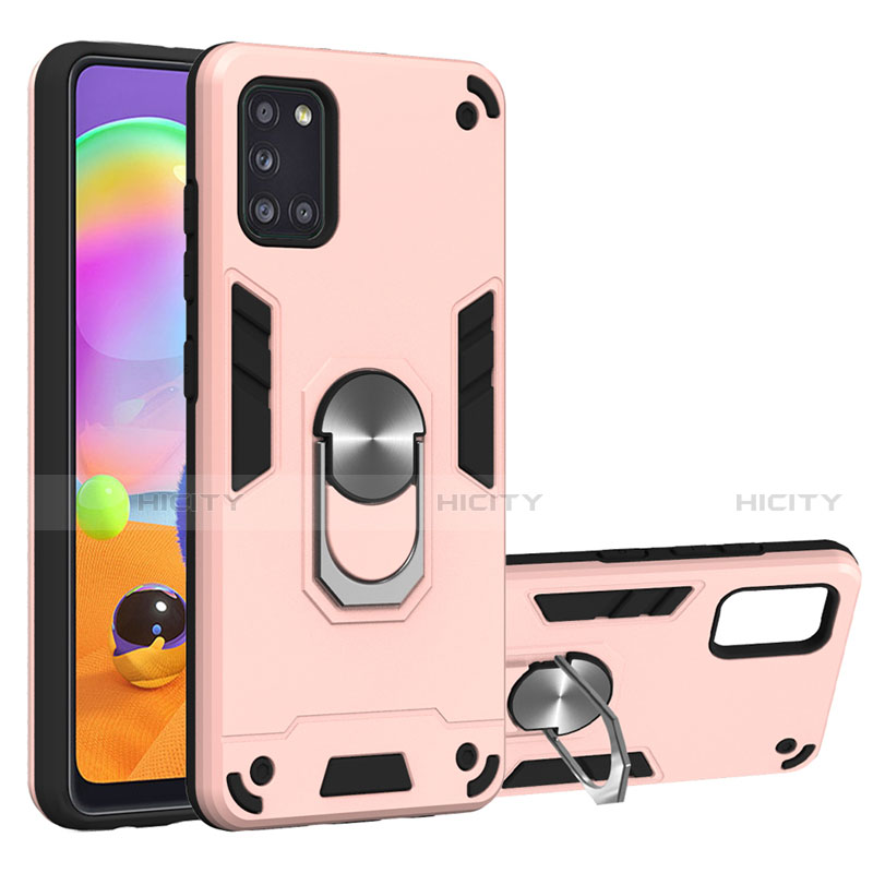 Silikon Hülle Handyhülle und Kunststoff Schutzhülle Hartschalen Tasche mit Magnetisch Fingerring Ständer für Samsung Galaxy A31 Rosegold Plus