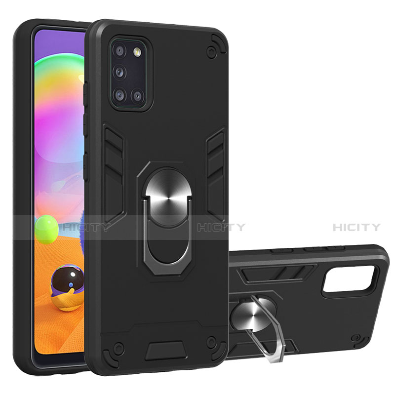 Silikon Hülle Handyhülle und Kunststoff Schutzhülle Hartschalen Tasche mit Magnetisch Fingerring Ständer für Samsung Galaxy A31 Schwarz Plus