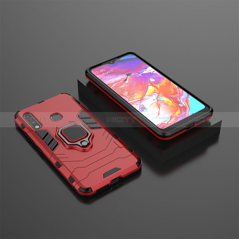 Silikon Hülle Handyhülle und Kunststoff Schutzhülle Hartschalen Tasche mit Magnetisch Fingerring Ständer für Samsung Galaxy A70E Rot