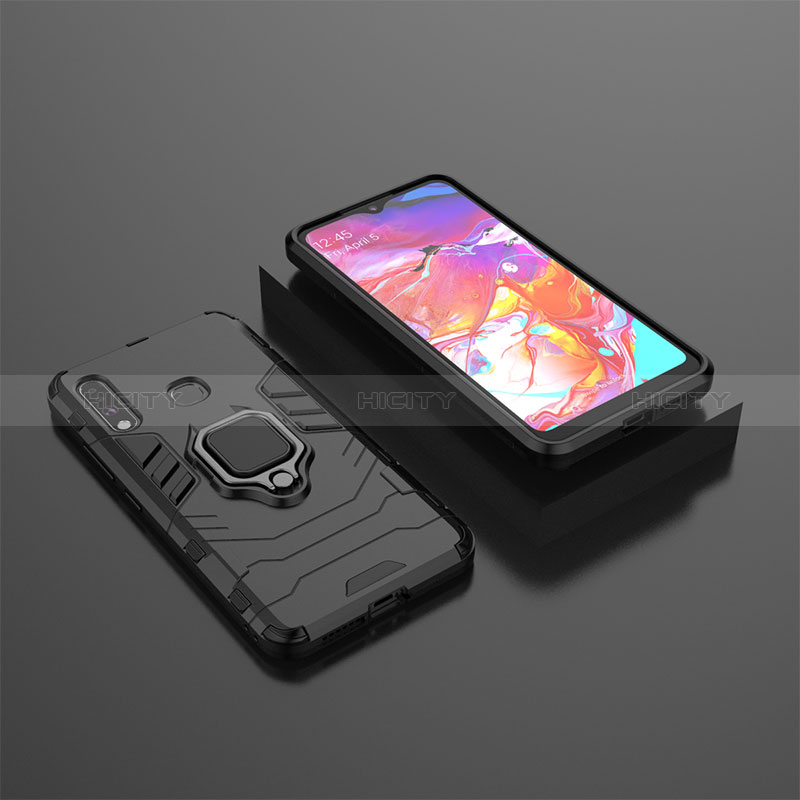 Silikon Hülle Handyhülle und Kunststoff Schutzhülle Hartschalen Tasche mit Magnetisch Fingerring Ständer für Samsung Galaxy A70E Schwarz