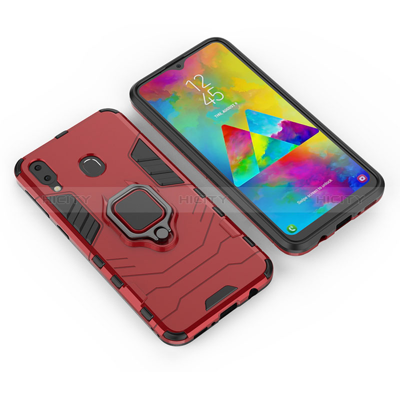 Silikon Hülle Handyhülle und Kunststoff Schutzhülle Hartschalen Tasche mit Magnetisch Fingerring Ständer für Samsung Galaxy M20 Rot