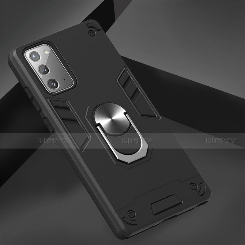 Silikon Hülle Handyhülle und Kunststoff Schutzhülle Hartschalen Tasche mit Magnetisch Fingerring Ständer für Samsung Galaxy Note 20 Plus 5G Schwarz