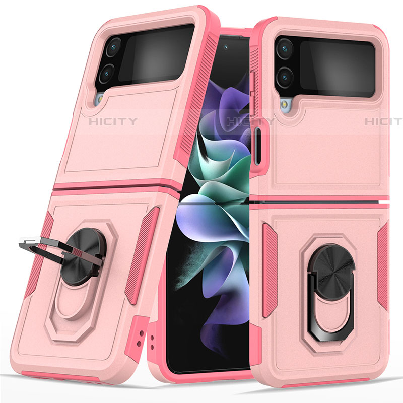 Silikon Hülle Handyhülle und Kunststoff Schutzhülle Hartschalen Tasche mit Magnetisch Fingerring Ständer für Samsung Galaxy Z Flip4 5G Rosegold Plus