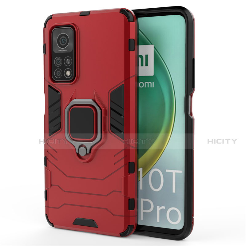 Silikon Hülle Handyhülle und Kunststoff Schutzhülle Hartschalen Tasche mit Magnetisch Fingerring Ständer für Xiaomi Mi 10T Pro 5G Rot Plus